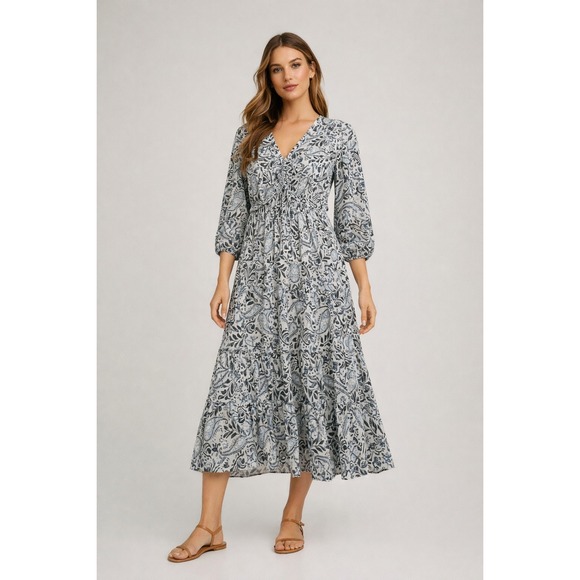 Lucky Brand Dresses & Skirts - Lucky Brand Dress Womens XS Blue Paisley Midi Boho Tiered V Neck‎ Long Sleeve